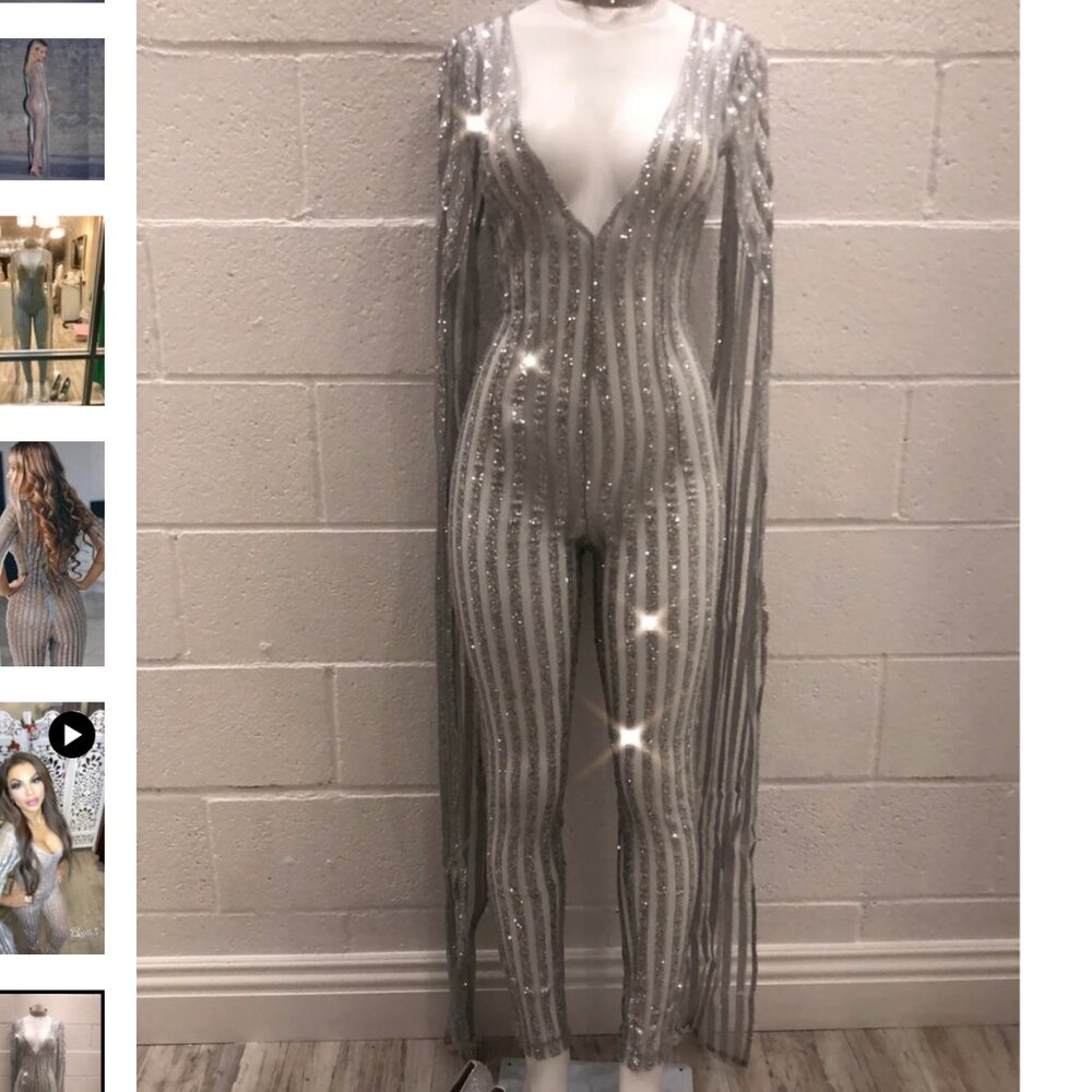 Silver Nude Sheer Glitter Cape Wing Sleeve Jumpsuit Long Pant Bodysuit NEW NWT